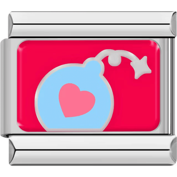 Light blue round bomb with a pink heart on it and a curved fuse on a bright red background